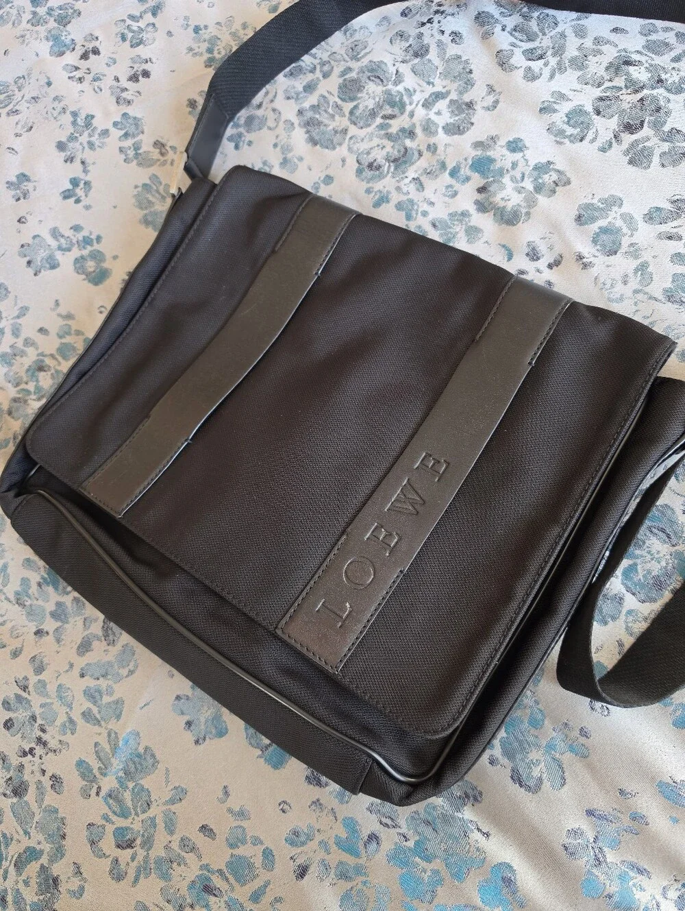 Authentic Loewe Navy-Black Messenger Bag with Leather Trim